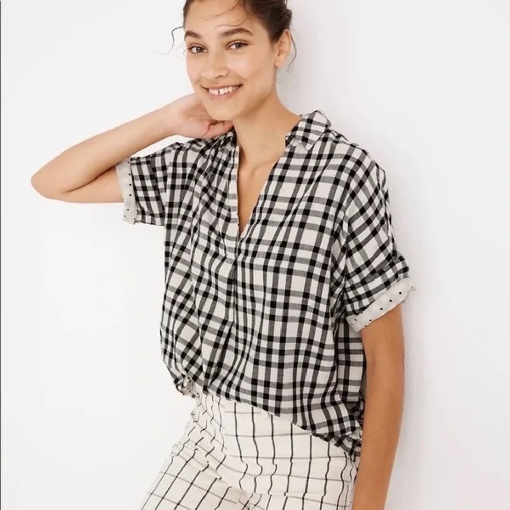 Madewell Short Courier Button Back Shirt Black White Plaid Polka Dot Oversized S
